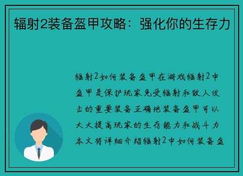 辐射2装备盔甲攻略：强化你的生存力