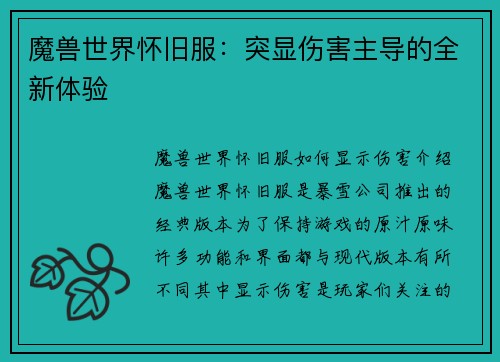 魔兽世界怀旧服：突显伤害主导的全新体验